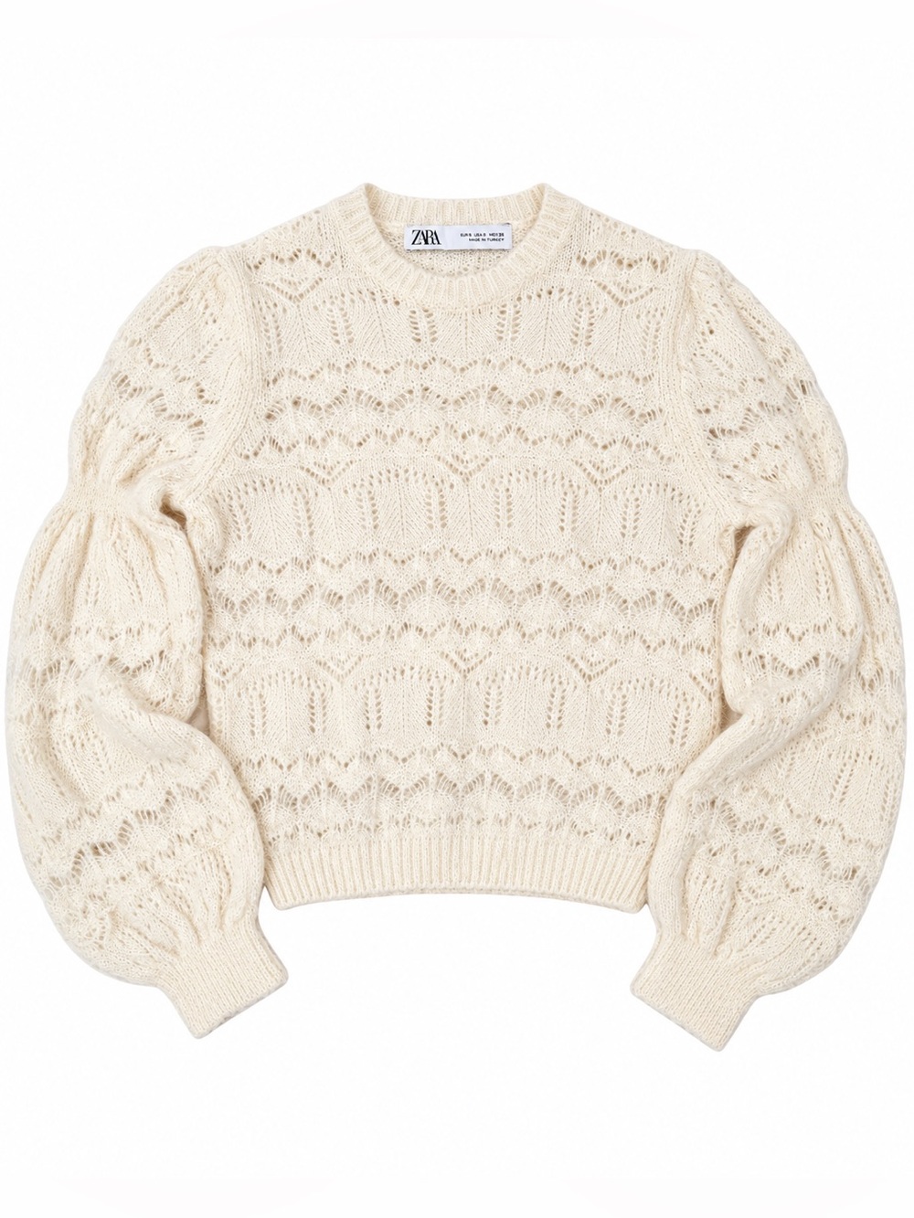 Zara Cream Open Knit Puff Sleeve Sweater Size Small